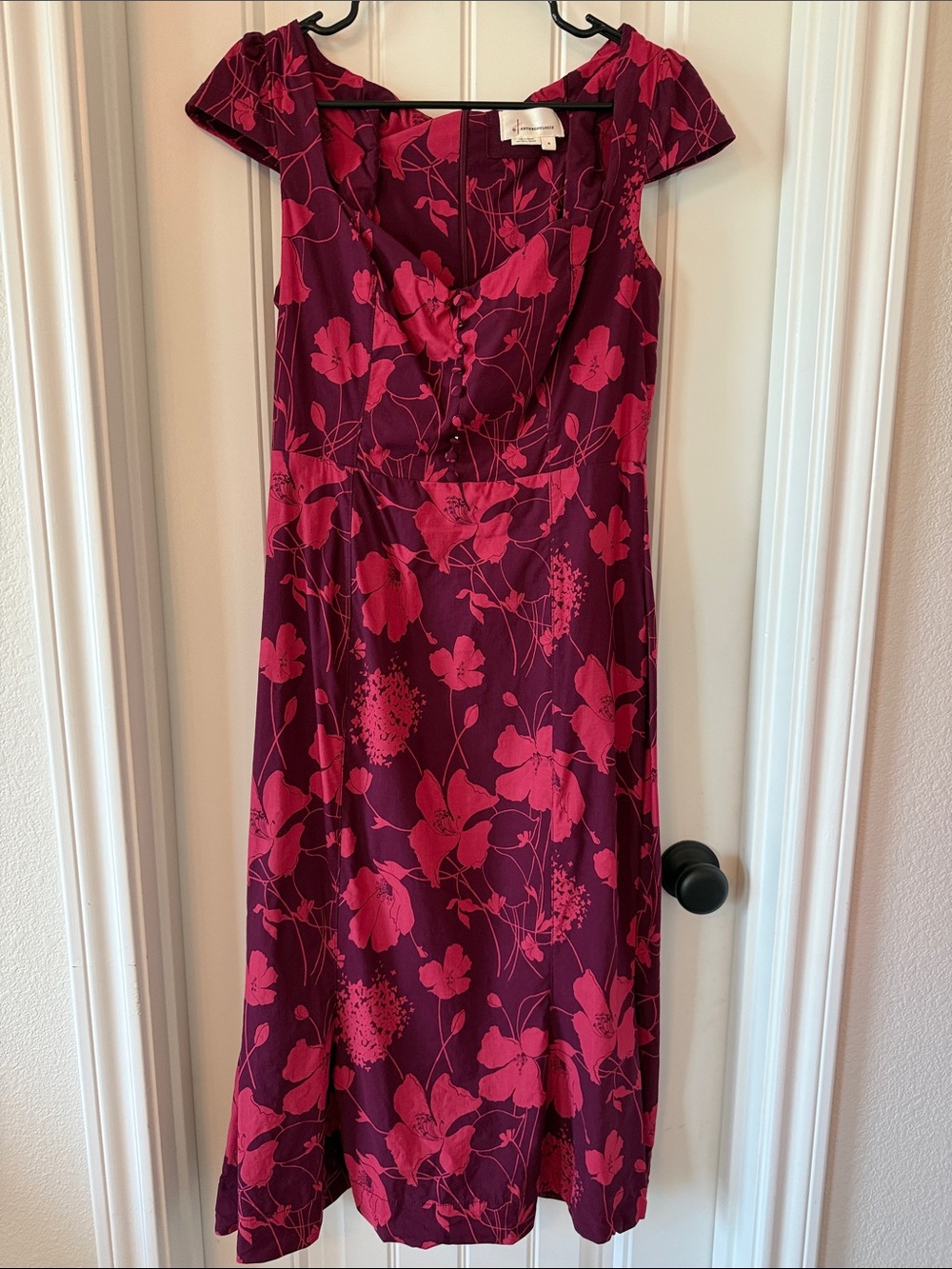 Anthropologie Burgundy and Pink Floral Midi Dress
